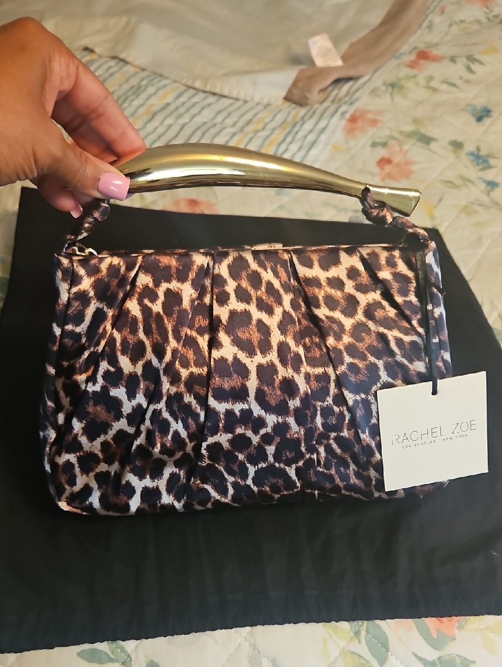Rachel Zoe Leopard Satin Top-Handle Clutch in Brown and Black with Gold Handle